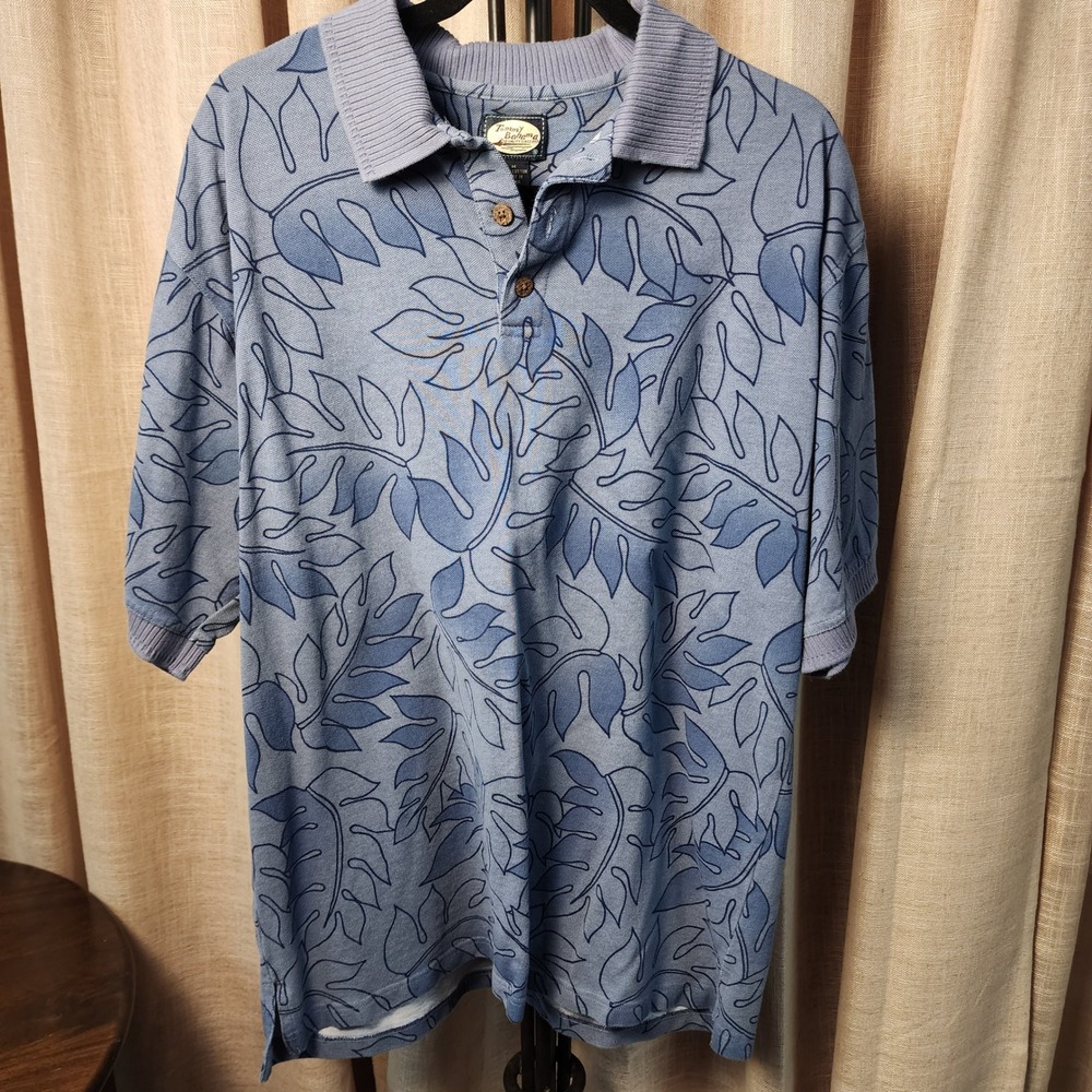Tommy‎ Bahama Polo Shirt Mens Medium Blue Cotton Tropical Monstera Leaf Print SS
